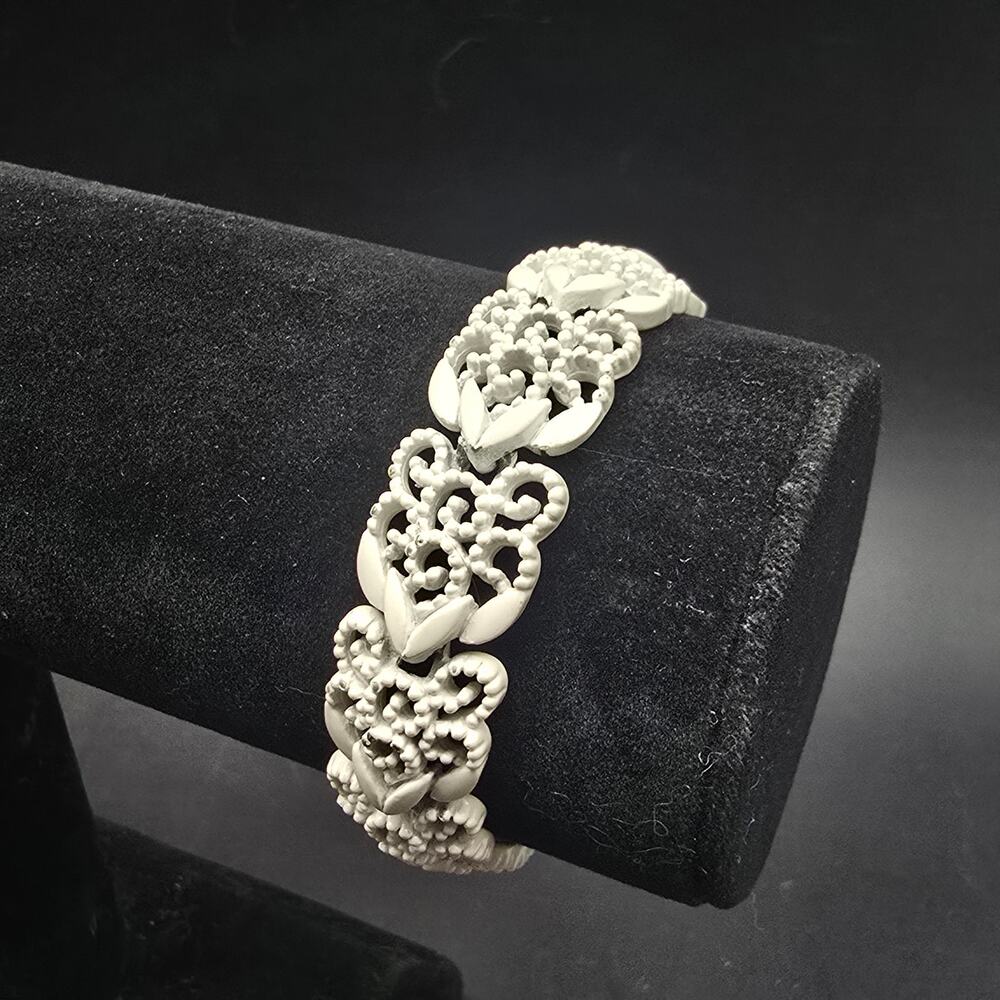 Vintage Monet White Enamel Link Bracelet Gold Tone Clasp Safety Chain